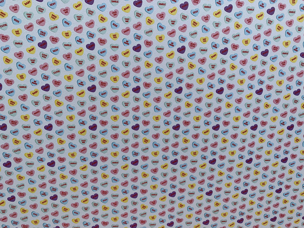 PatternPly® Full Coverage Candy Hearts sheet showing the pattern