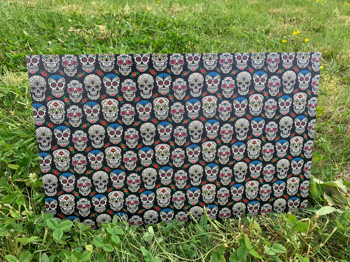 PatternPly® Full Coverage Black Sugar Skull sheet showing the pattern