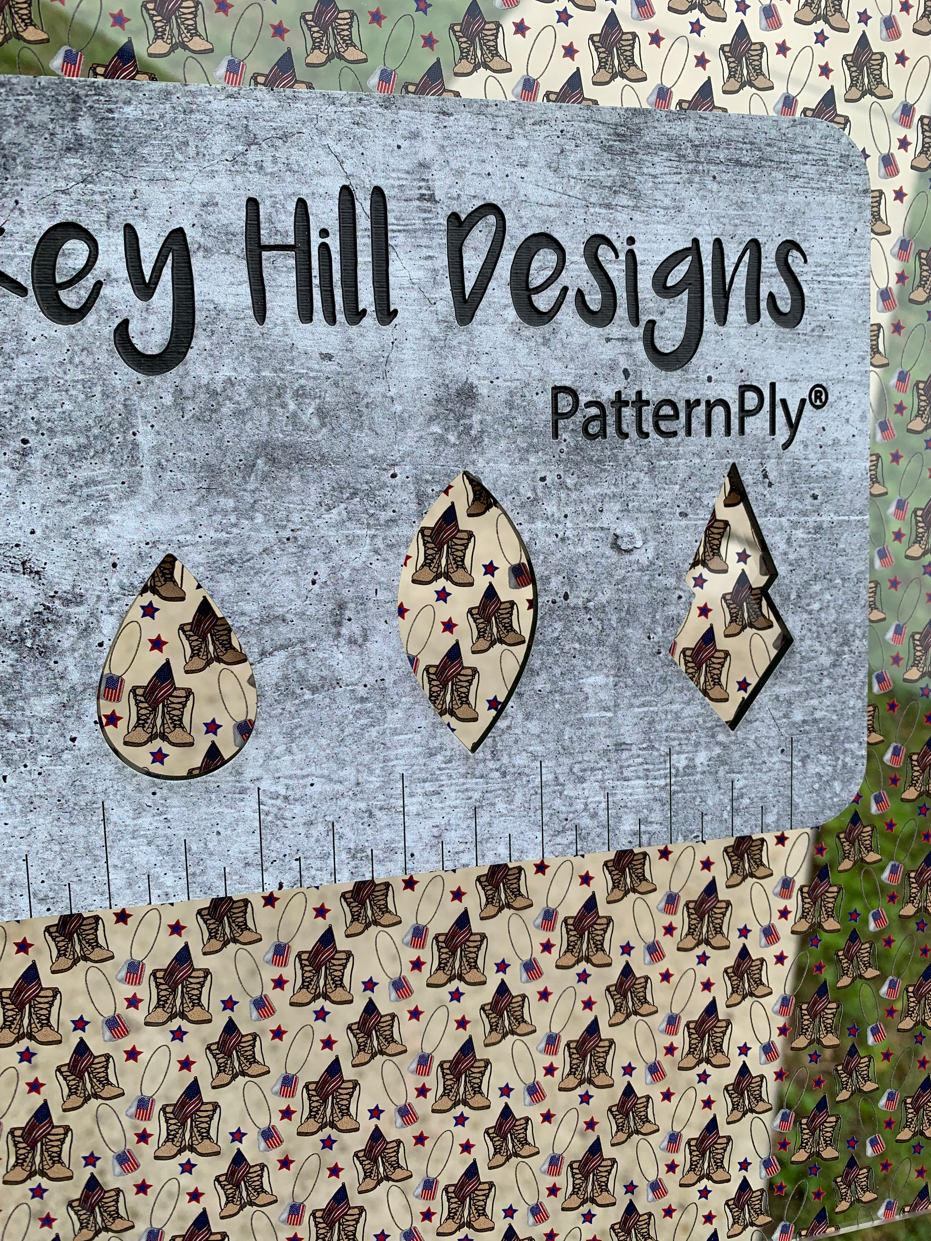 PatternPly® Scattered Combat Boots and Dog Tags sheet showing the pattern