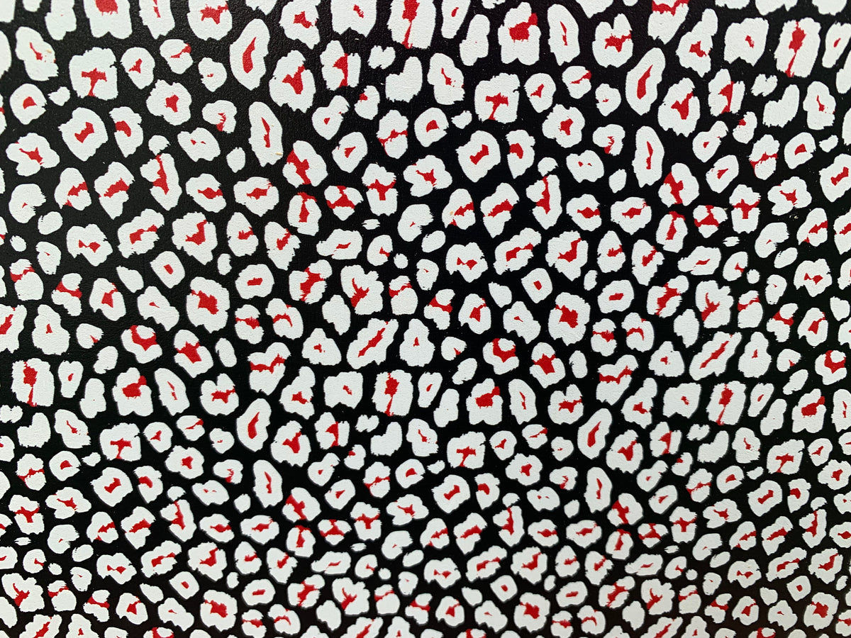 PatternPly® Full Coverage Black, White, and Red Leopard sheet showing the pattern