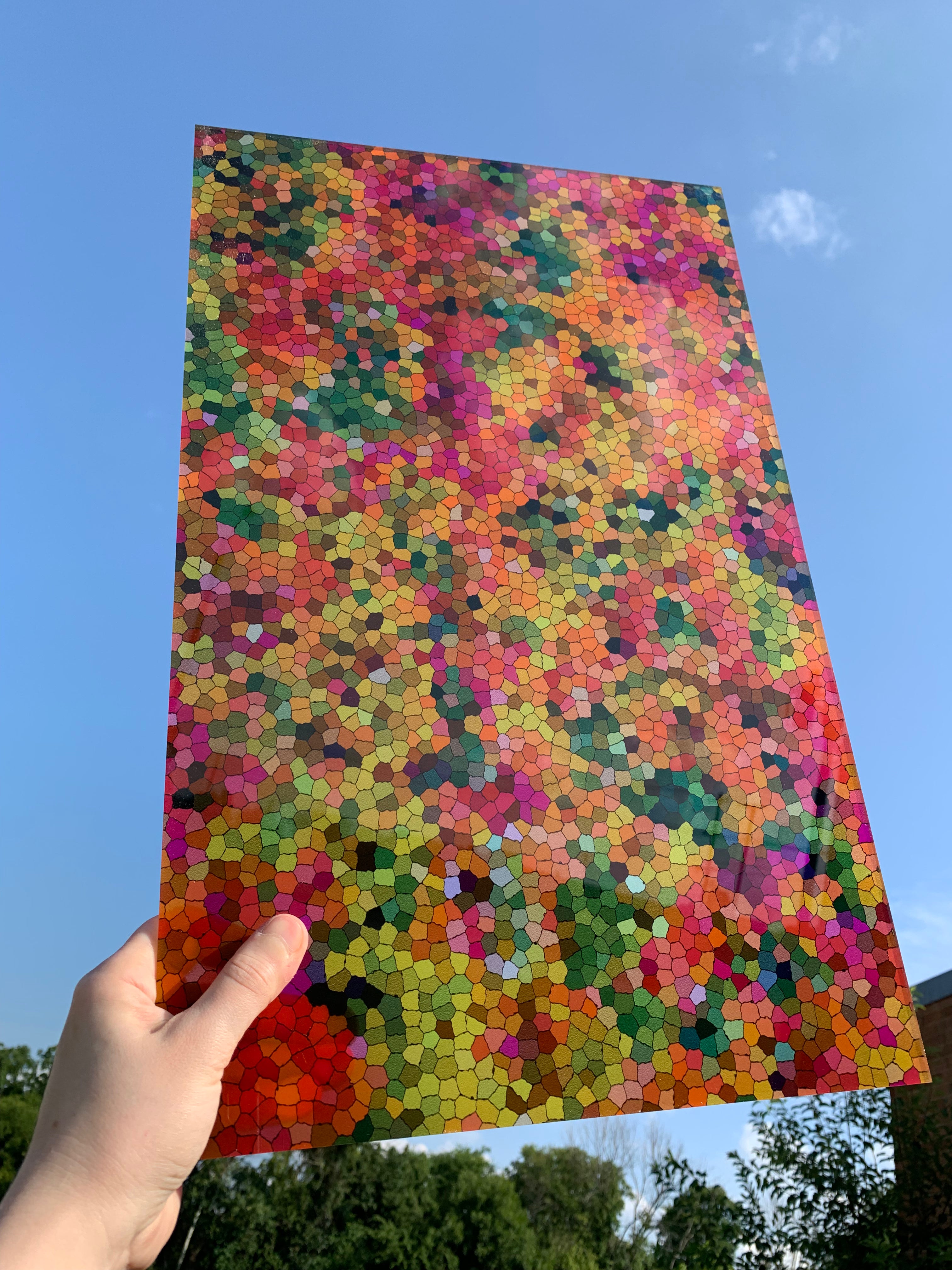 PatternPly® Transparent Fall Treetops Stained Glass sheet showing the pattern