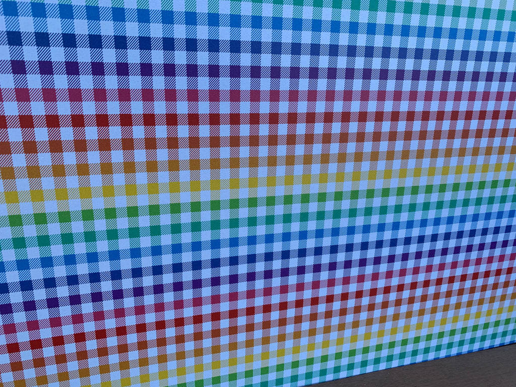 PatternPly® Full Coverage Rainbow Buffalo Plaid sheet showing the pattern