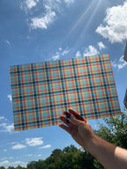 PatternPly® Transparent Orange and Blue Plaid sheet showing the pattern