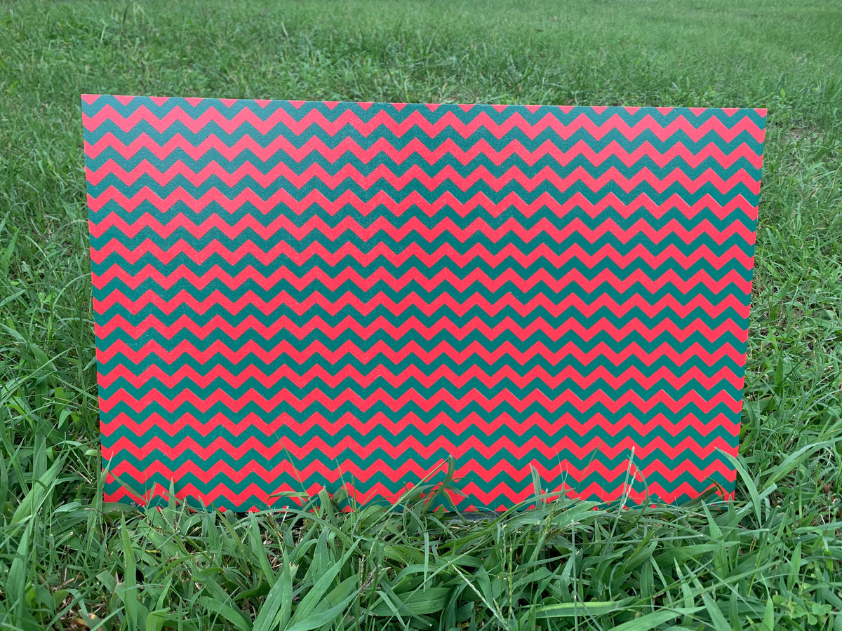 PatternPly® Full Coverage Red and Green Chevron sheet showing the pattern