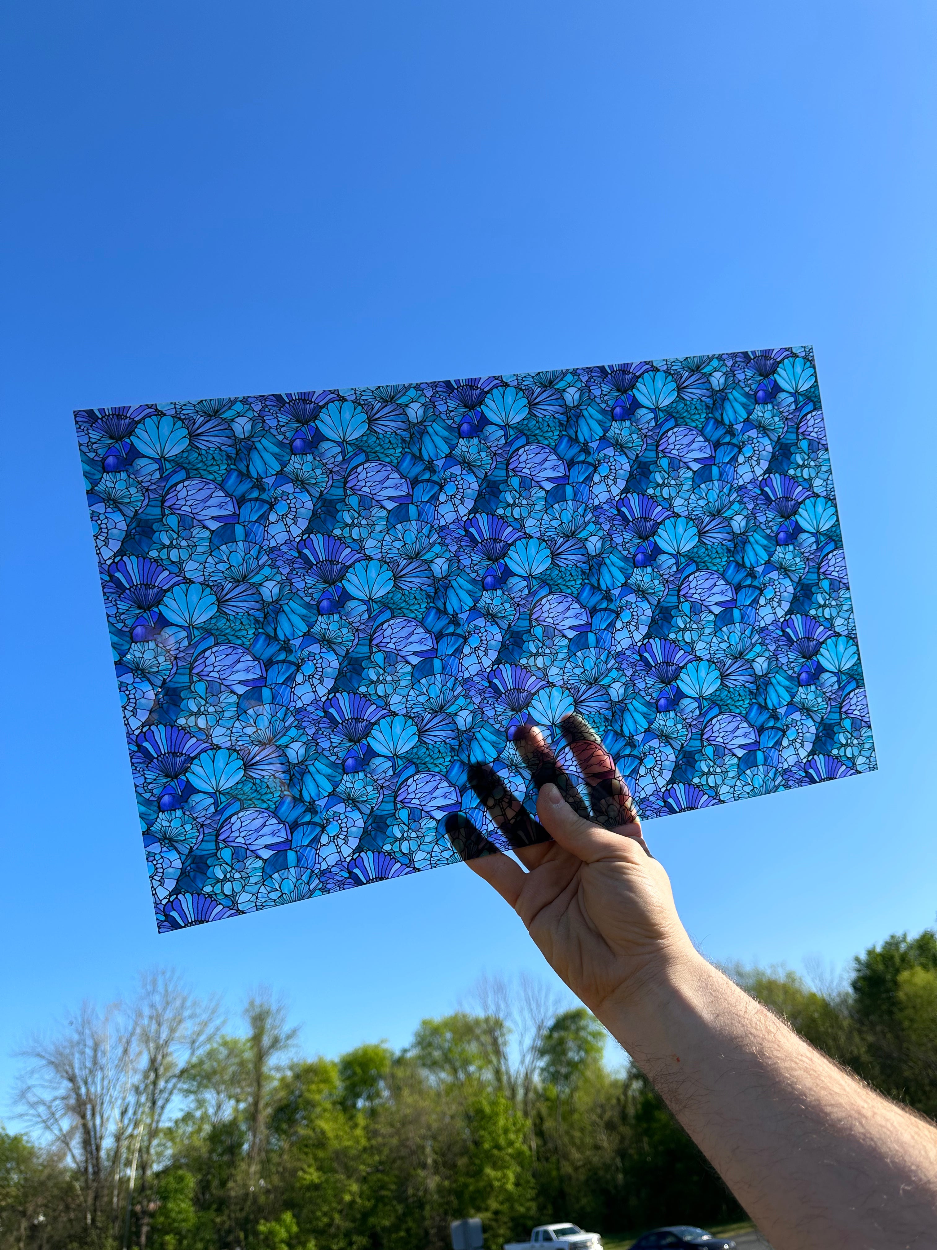 PatternPly® Transparent Abstract Mermaid Scales Stained Glass sheet showing the pattern