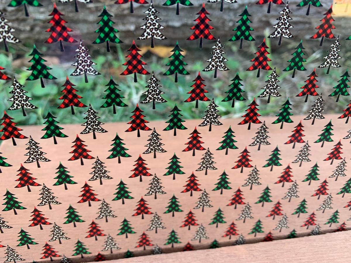 PatternPly® Scattered Buffalo and Leopard Christmas Trees sheet showing the pattern