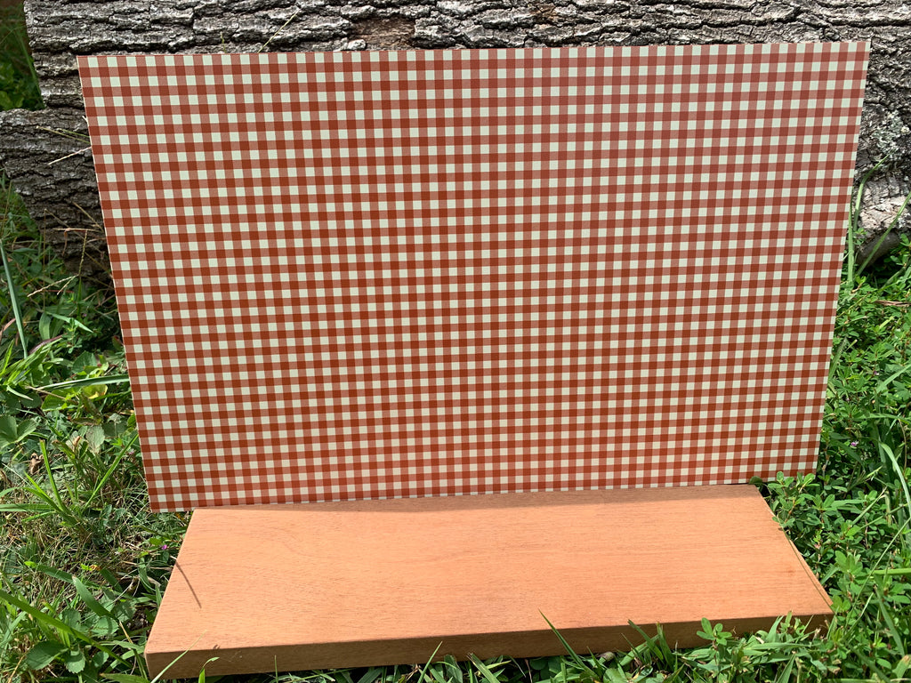 PatternPly® Full Coverage Orange and Cream Buffalo Plaid sheet showing the pattern