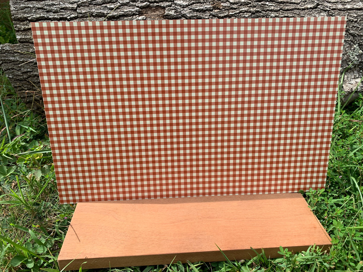 PatternPly® Full Coverage Orange and Cream Buffalo Plaid sheet showing the pattern