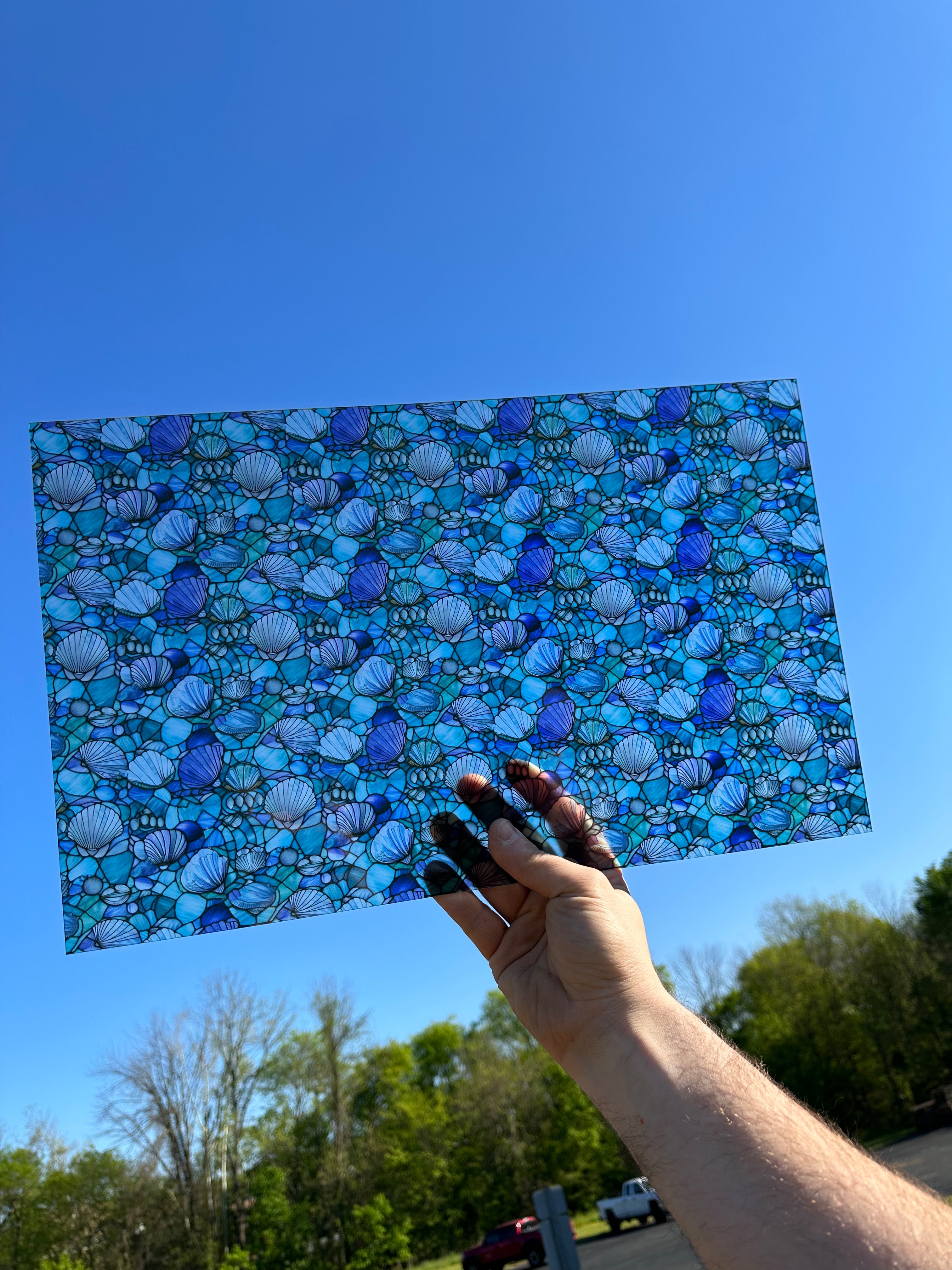 PatternPly® Transparent Stained Glass Seashells sheet showing the pattern