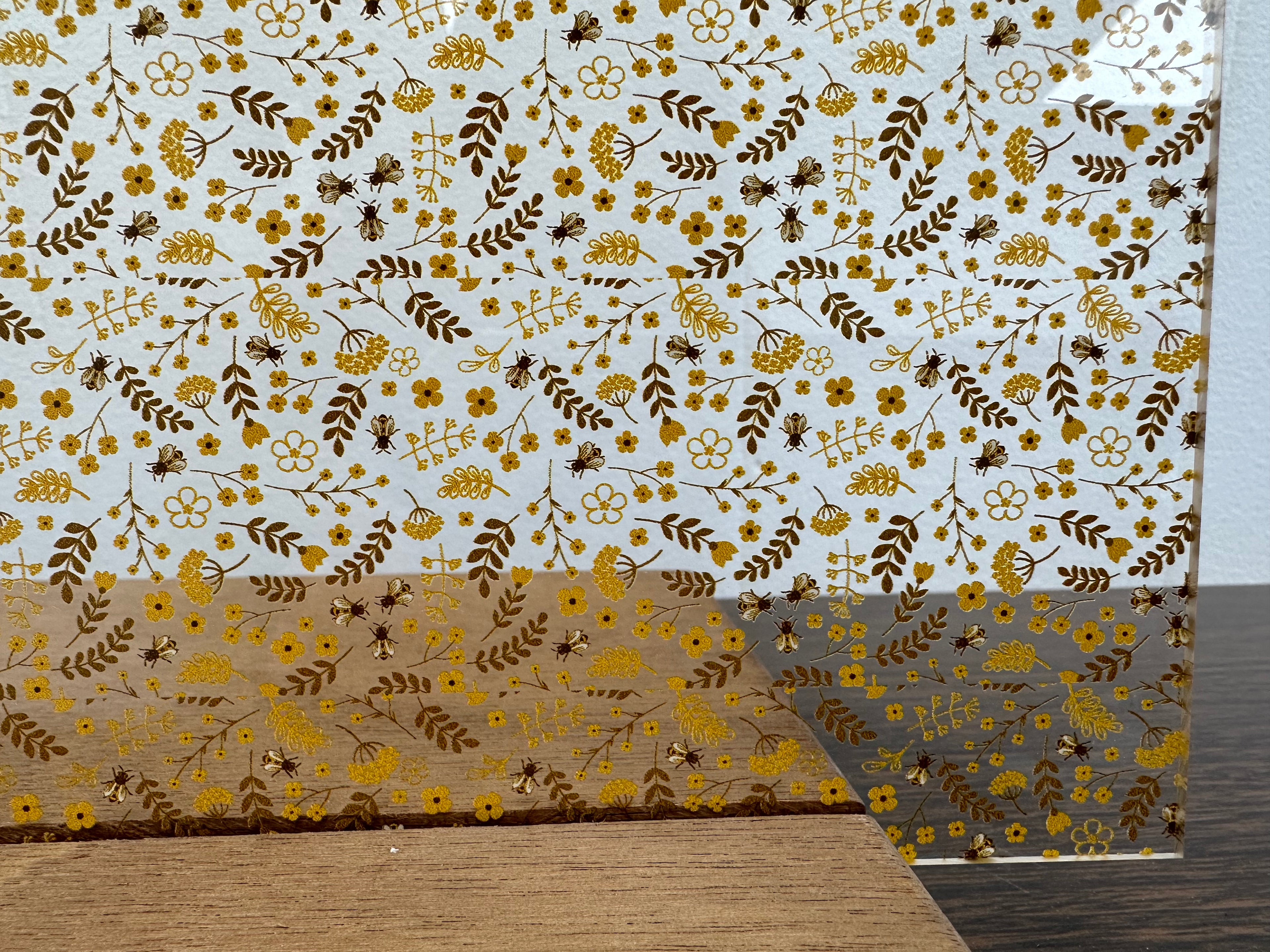 PatternPly® Scattered Mustard Yellow Bees and Flowers sheet showing the pattern