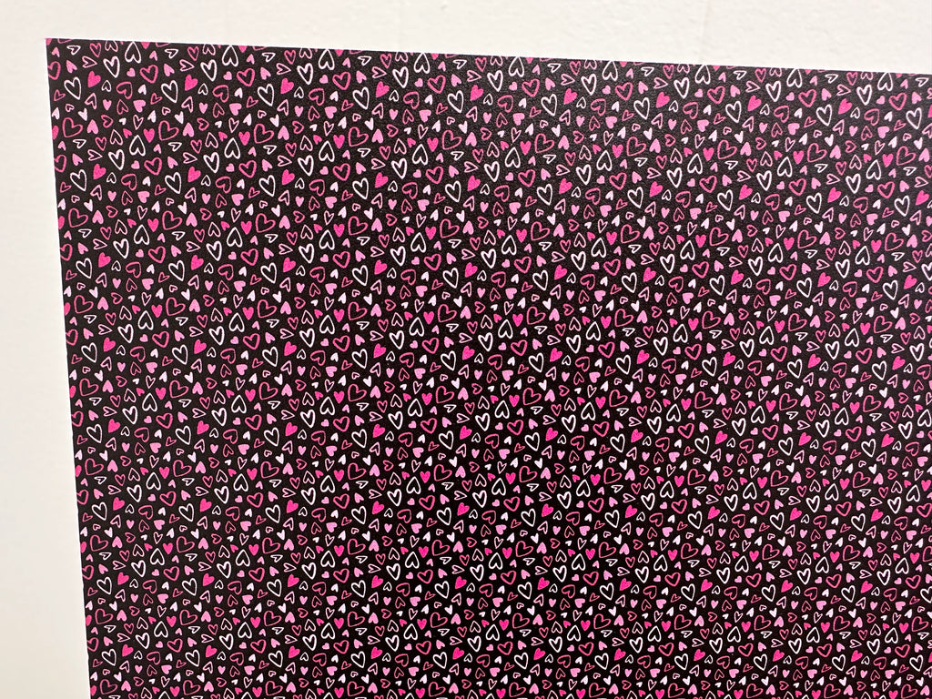 PatternPly® Full Coverage Micro Pink Hearts with Black Background sheet showing the pattern