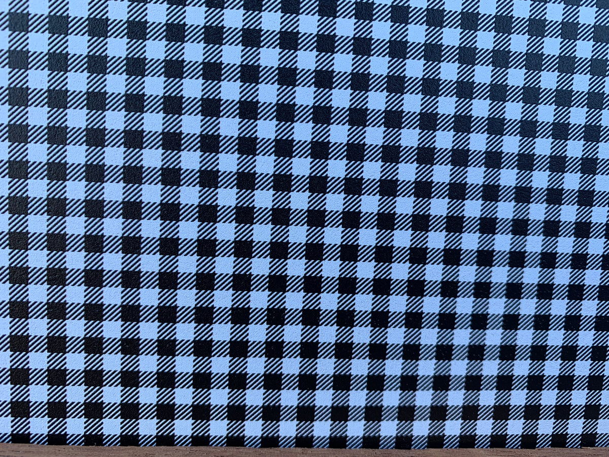 PatternPly® Full Coverage Micro Black and White Buffalo Plaid sheet showing the pattern