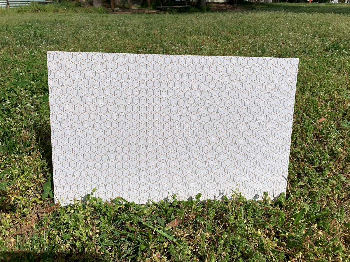 PatternPly® Full Coverage White and Gold Geometric sheet showing the pattern