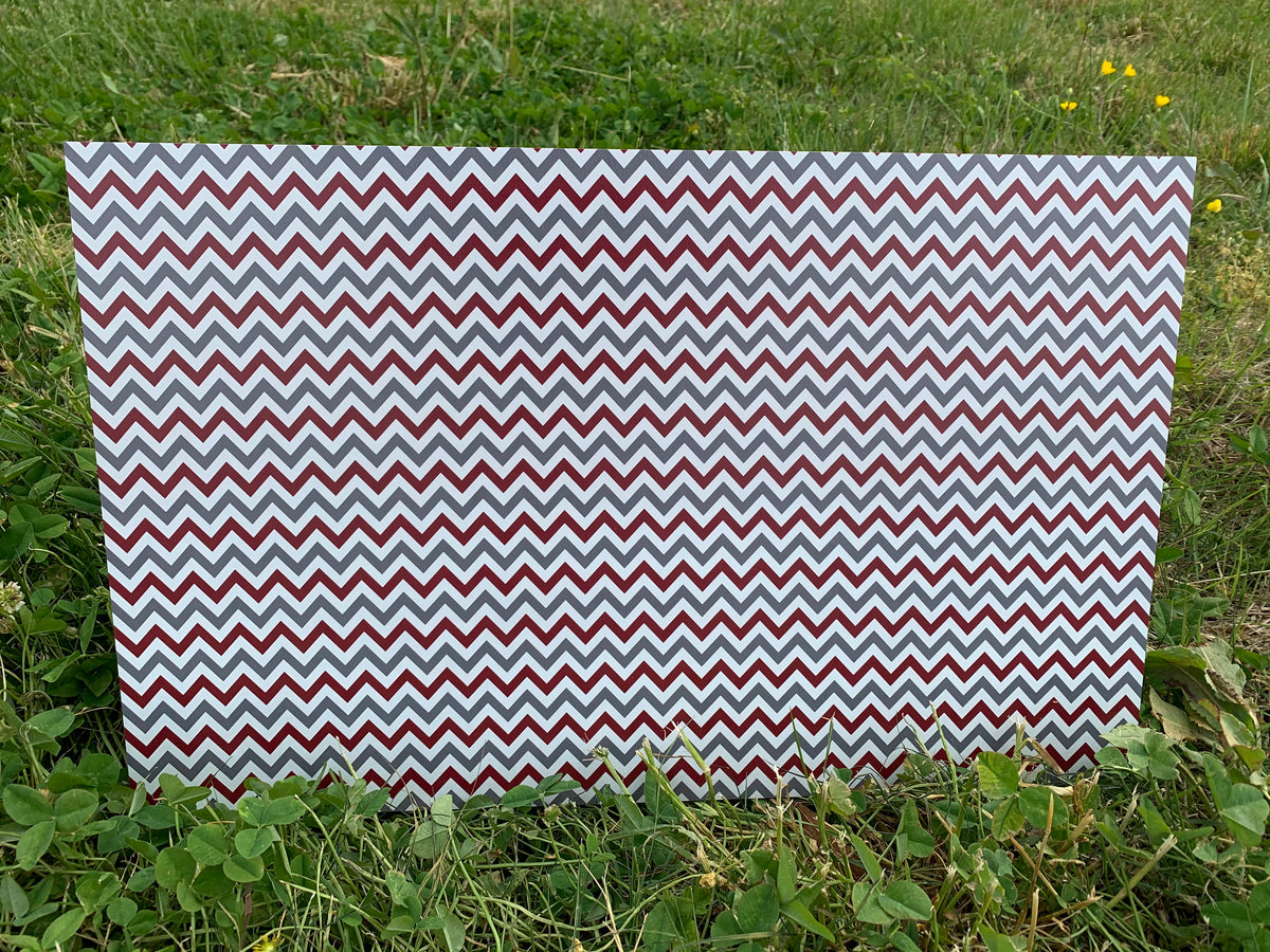 PatternPly® Full Coverage Maroon, Silver, and White Chevron sheet showing the pattern