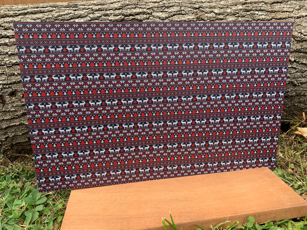 PatternPly® Full Coverage Red, White, and Blue Ugly Christmas Sweater sheet showing the pattern