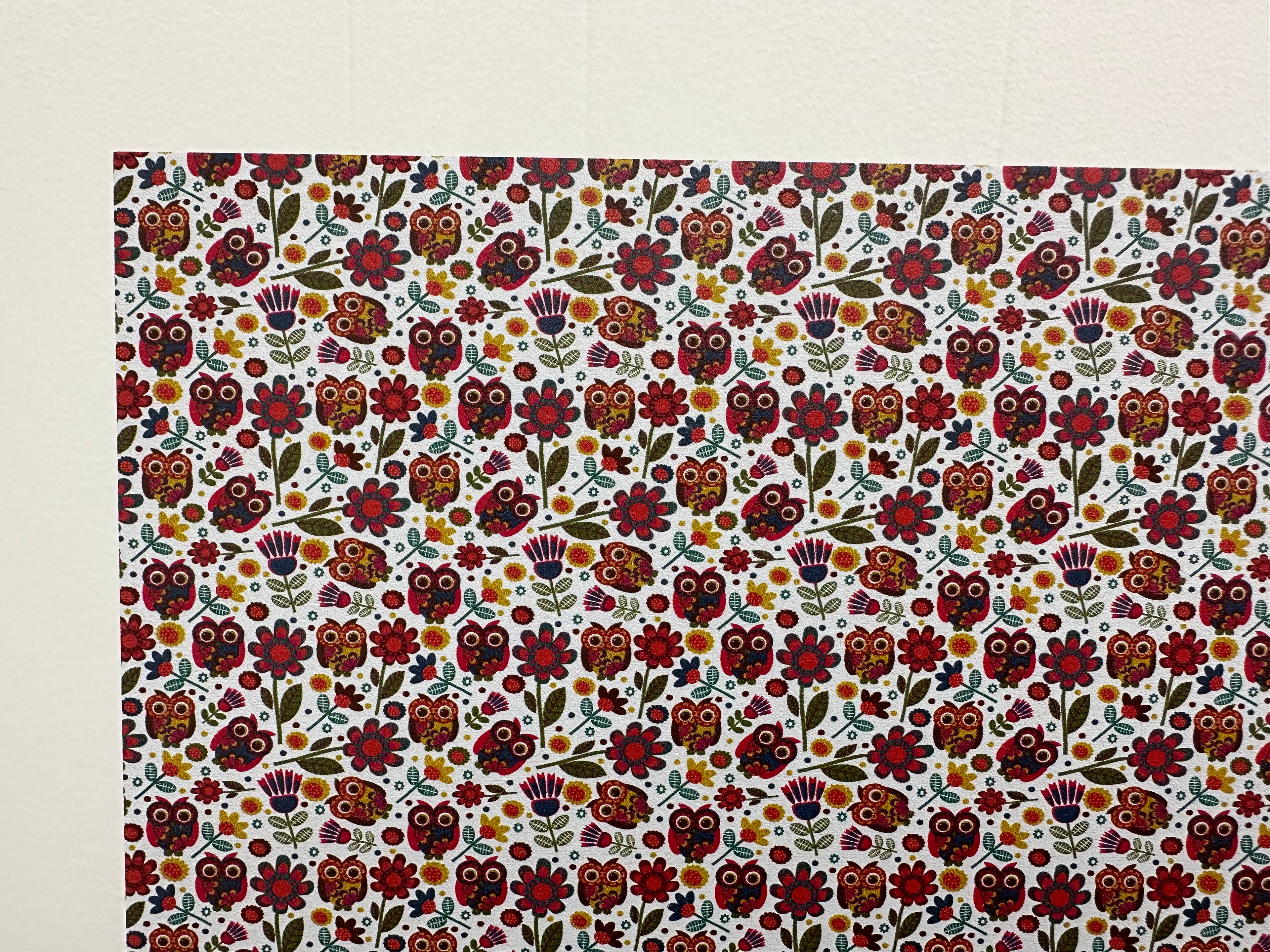 PatternPly® Full Coverage Owls and Flowers sheet showing the pattern