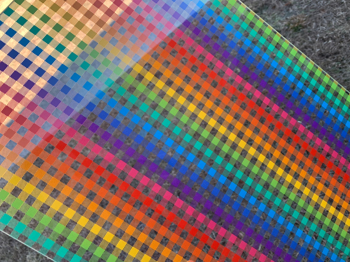 PatternPly® Scattered Rainbow Buffalo Plaid sheet showing the pattern