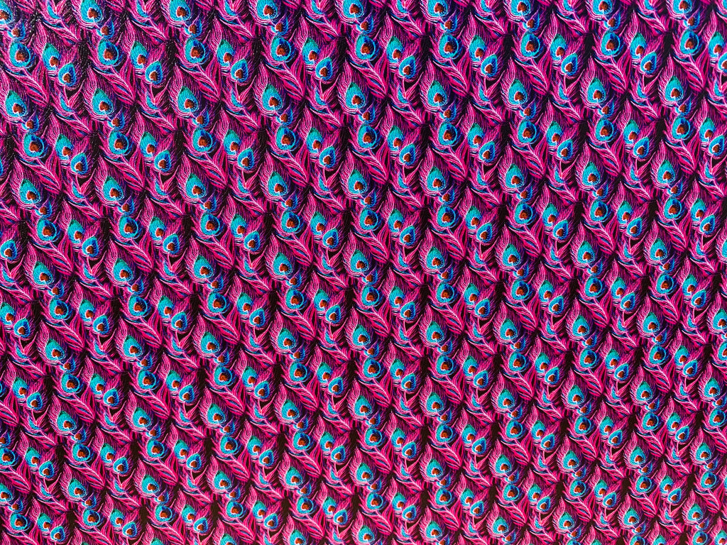 PatternPly® Full Coverage Micro Pink and Teal Peacock sheet showing the pattern