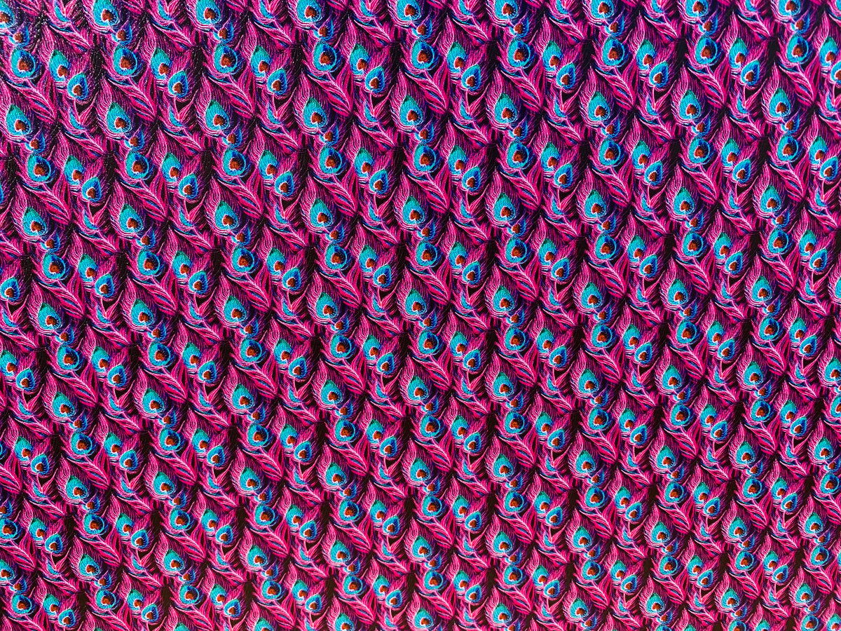 PatternPly® Full Coverage Micro Pink and Teal Peacock sheet showing the pattern