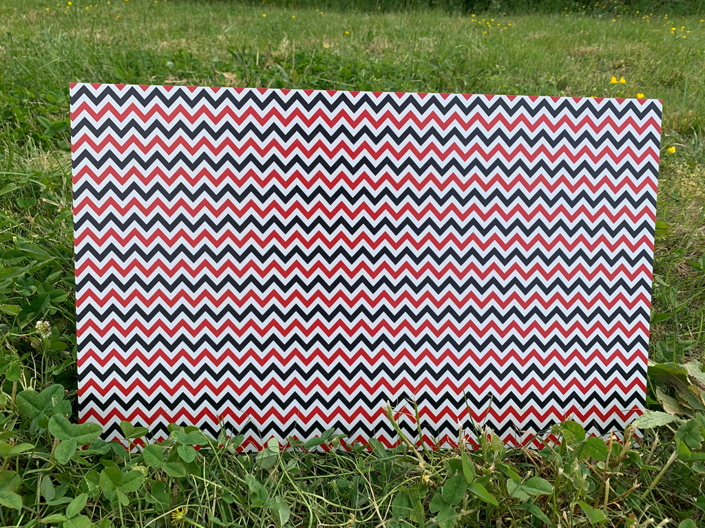 PatternPly® Full Coverage Red, Black, and White Chevron sheet showing the pattern