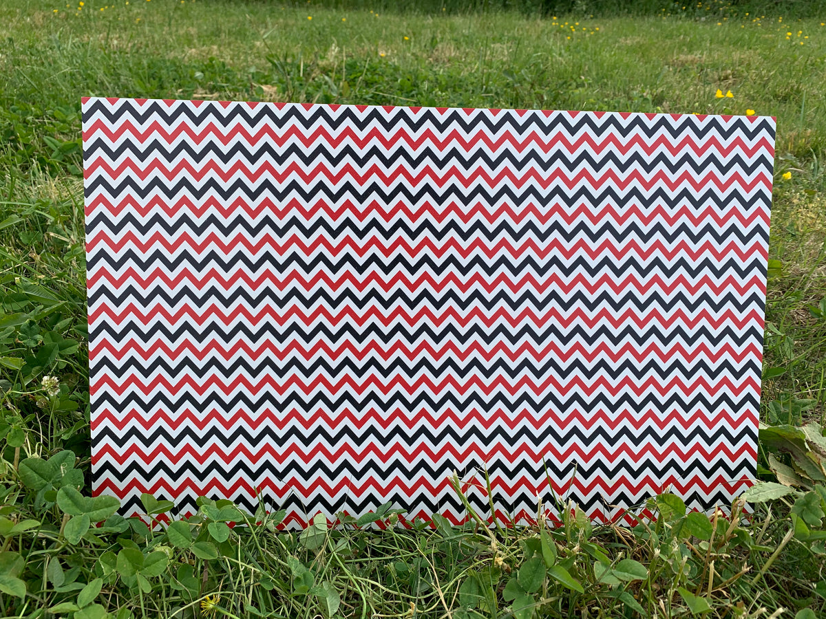 PatternPly® Full Coverage Red, Black, and White Chevron sheet showing the pattern