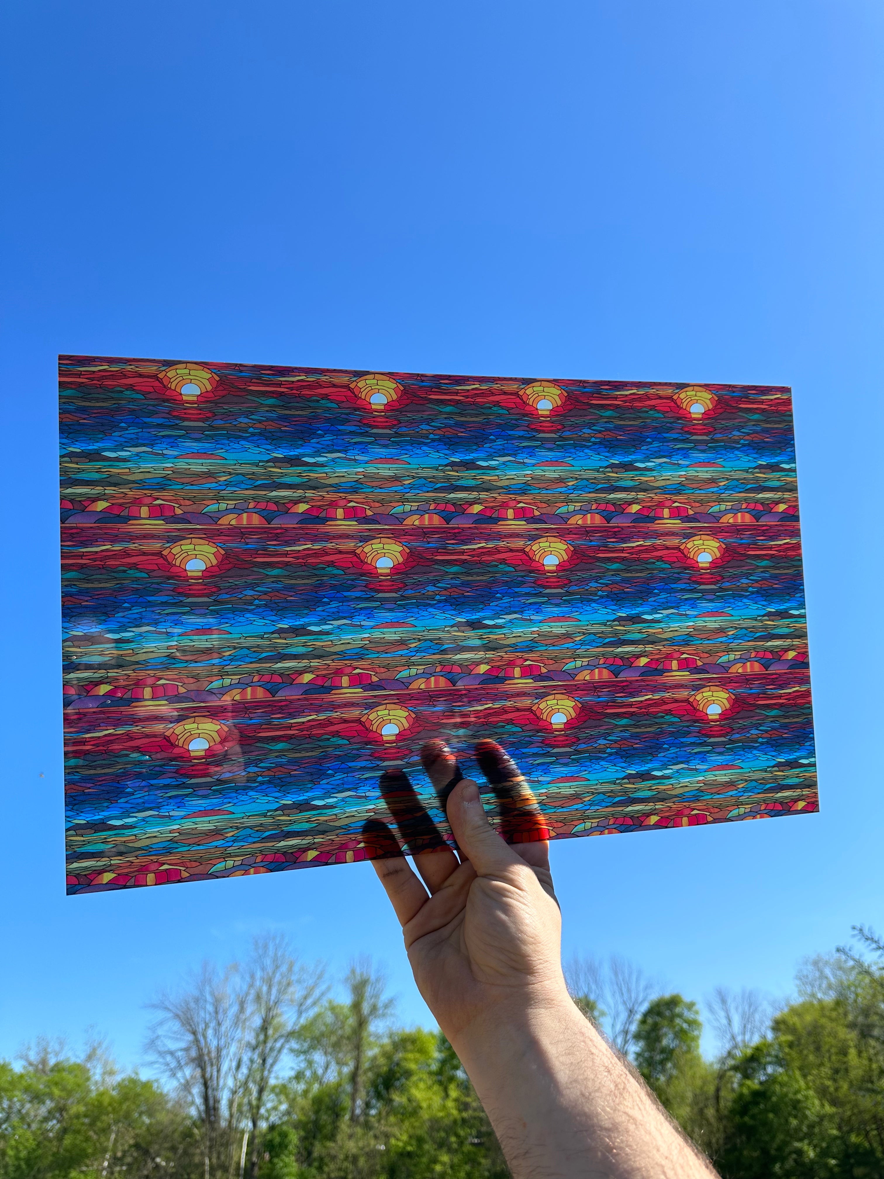 PatternPly® Transparent Stained Glass Sunset sheet showing the pattern