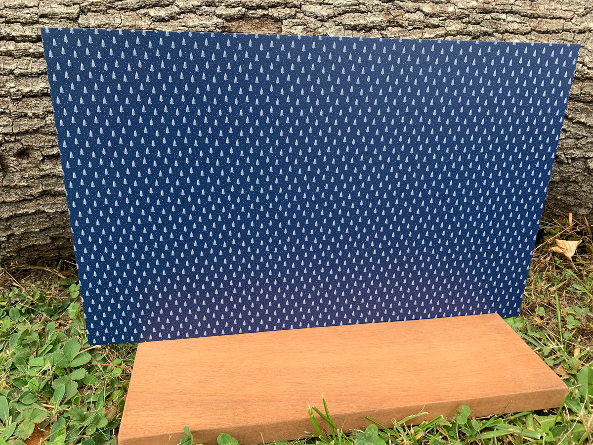 PatternPly® Full Coverage Blue and White Christmas Zigzag Trees sheet showing the pattern
