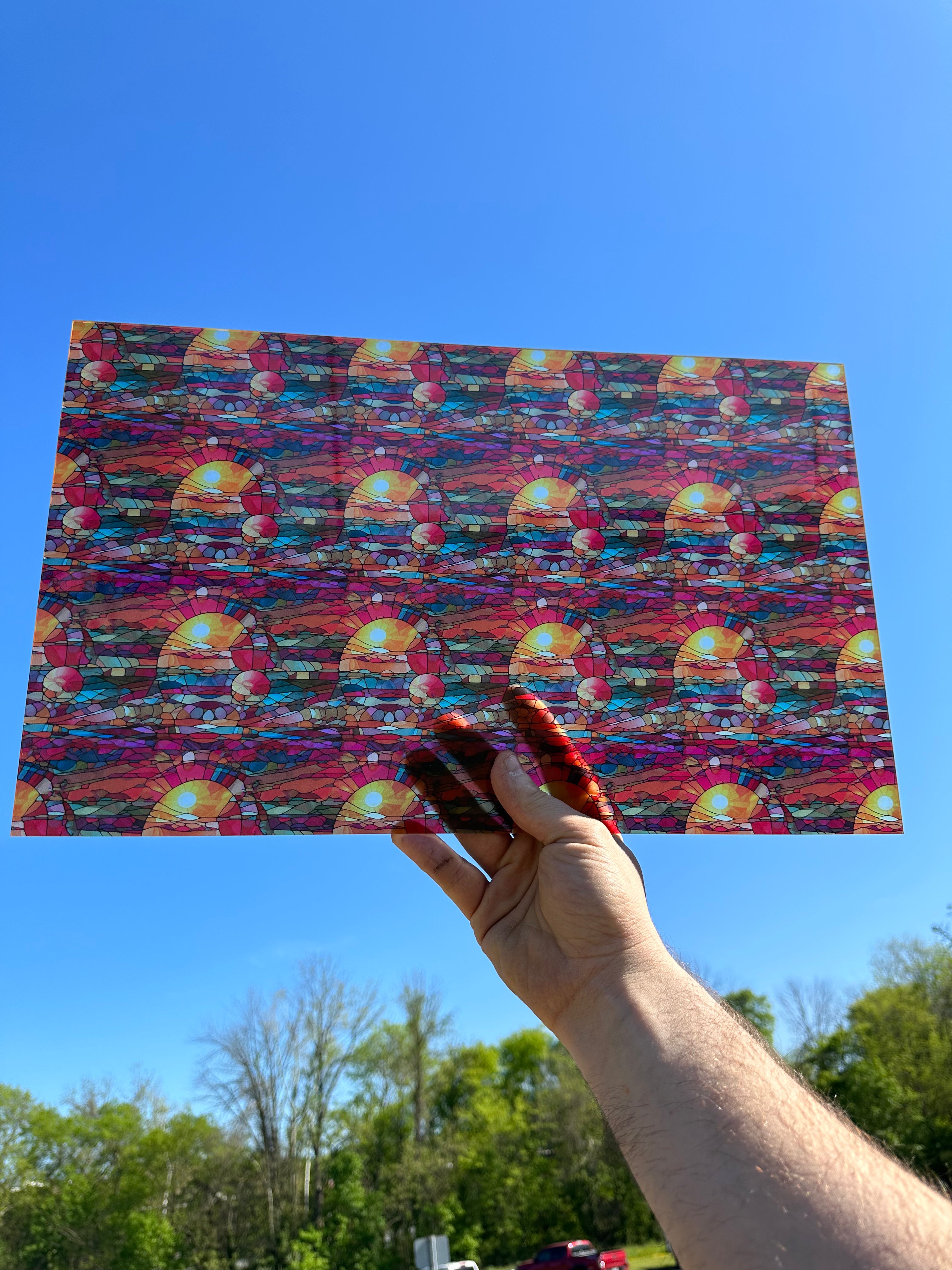 PatternPly® Transparent Abstract Sun Stained Glass sheet showing the pattern