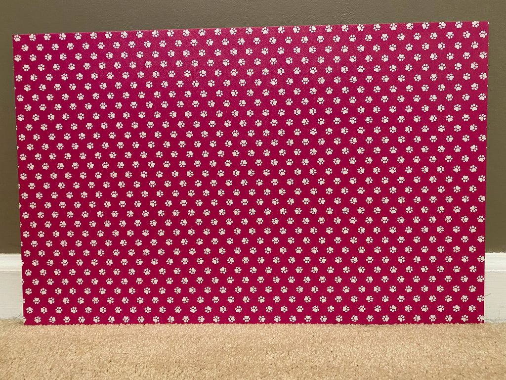 PatternPly® Full Coverage Pink and White Paw Prints sheet showing the pattern