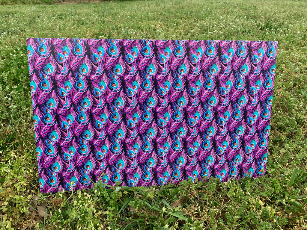 PatternPly® Full Coverage Pink and Teal Peacock sheet showing the pattern