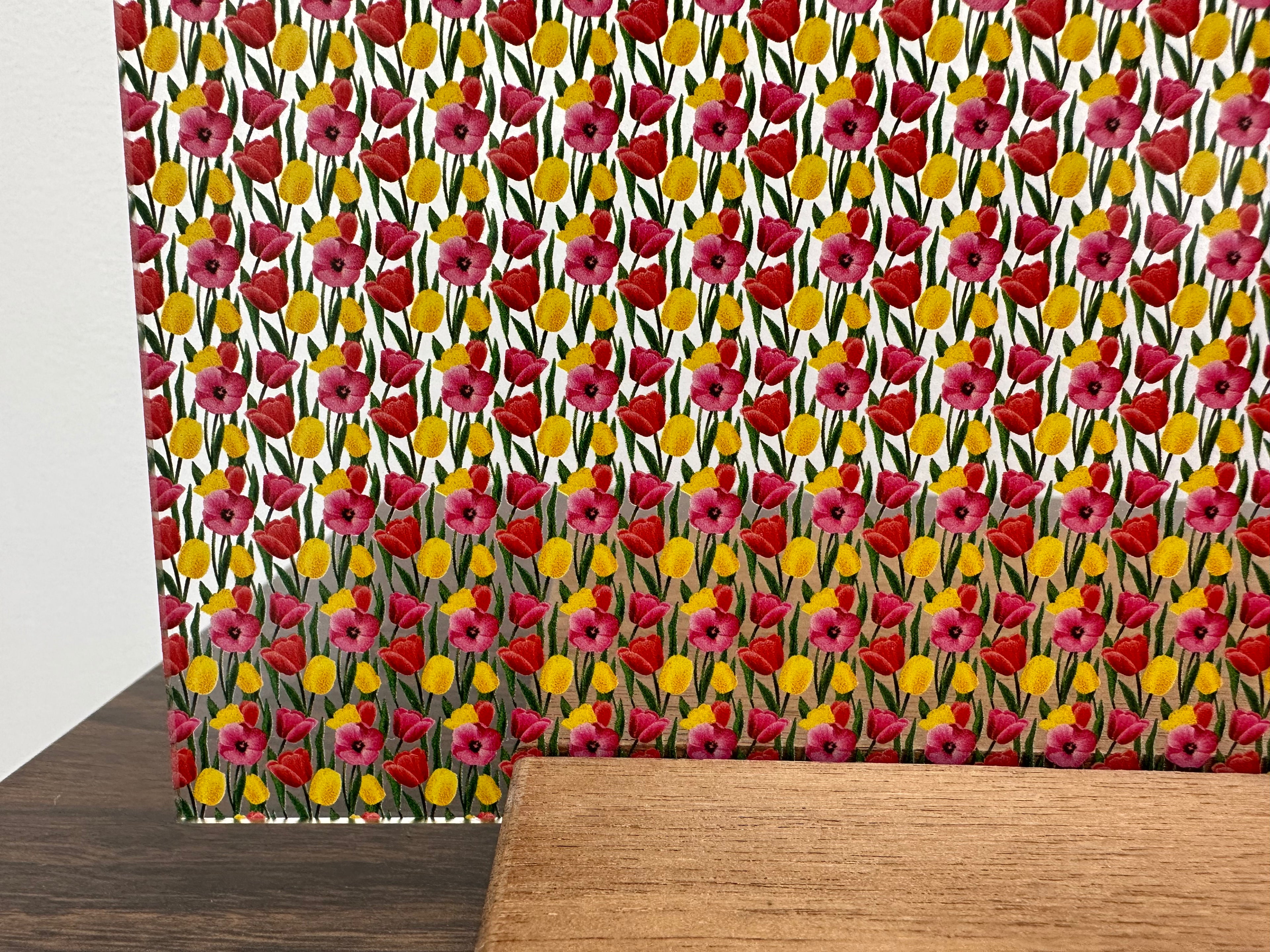 PatternPly® Scattered Pink and Yellow Realistic Tulips sheet showing the pattern