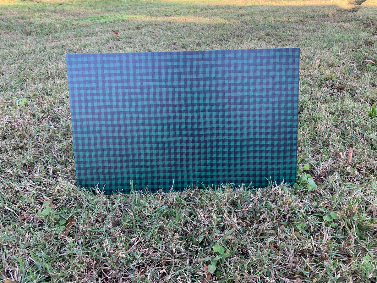PatternPly® Full Coverage Green and Black Buffalo Plaid sheet showing the pattern