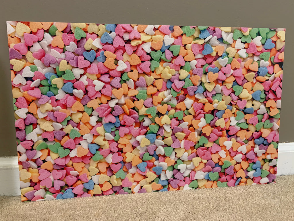 PatternPly® Full Coverage Rainbow Candy Hearts sheet showing the pattern