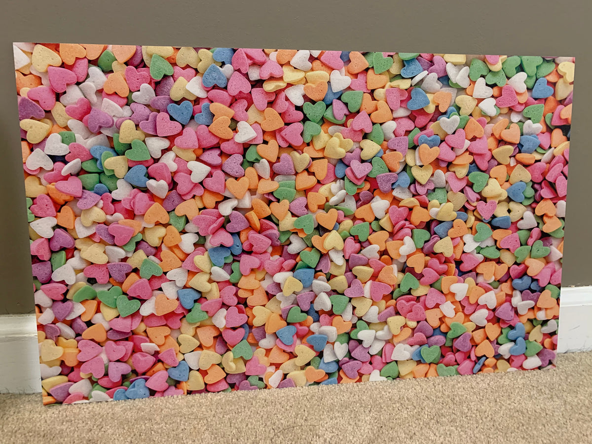 PatternPly® Full Coverage Rainbow Candy Hearts sheet showing the pattern