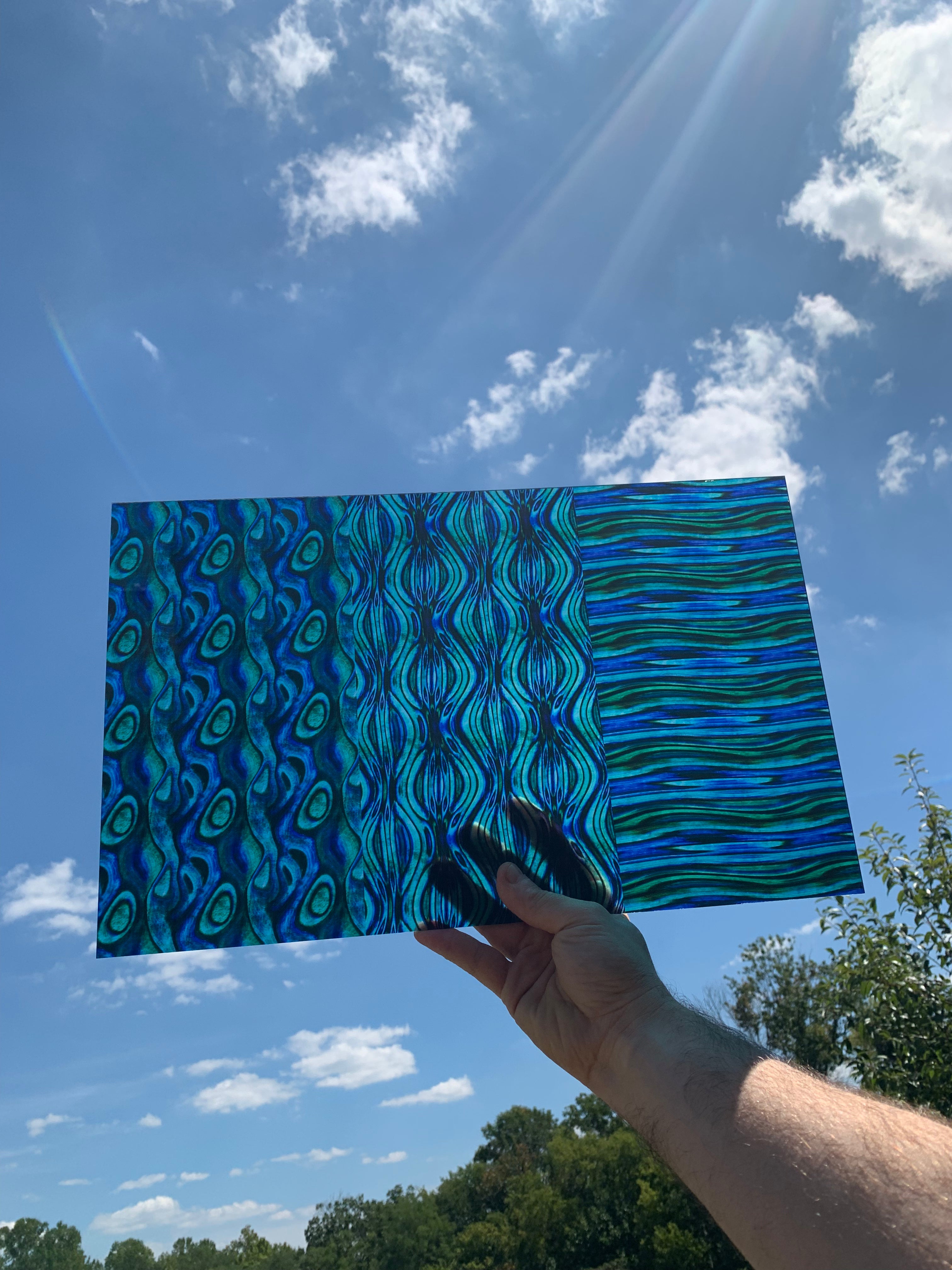 PatternPly® Transparent Blue/Green Abalone Trio sheet showing the pattern