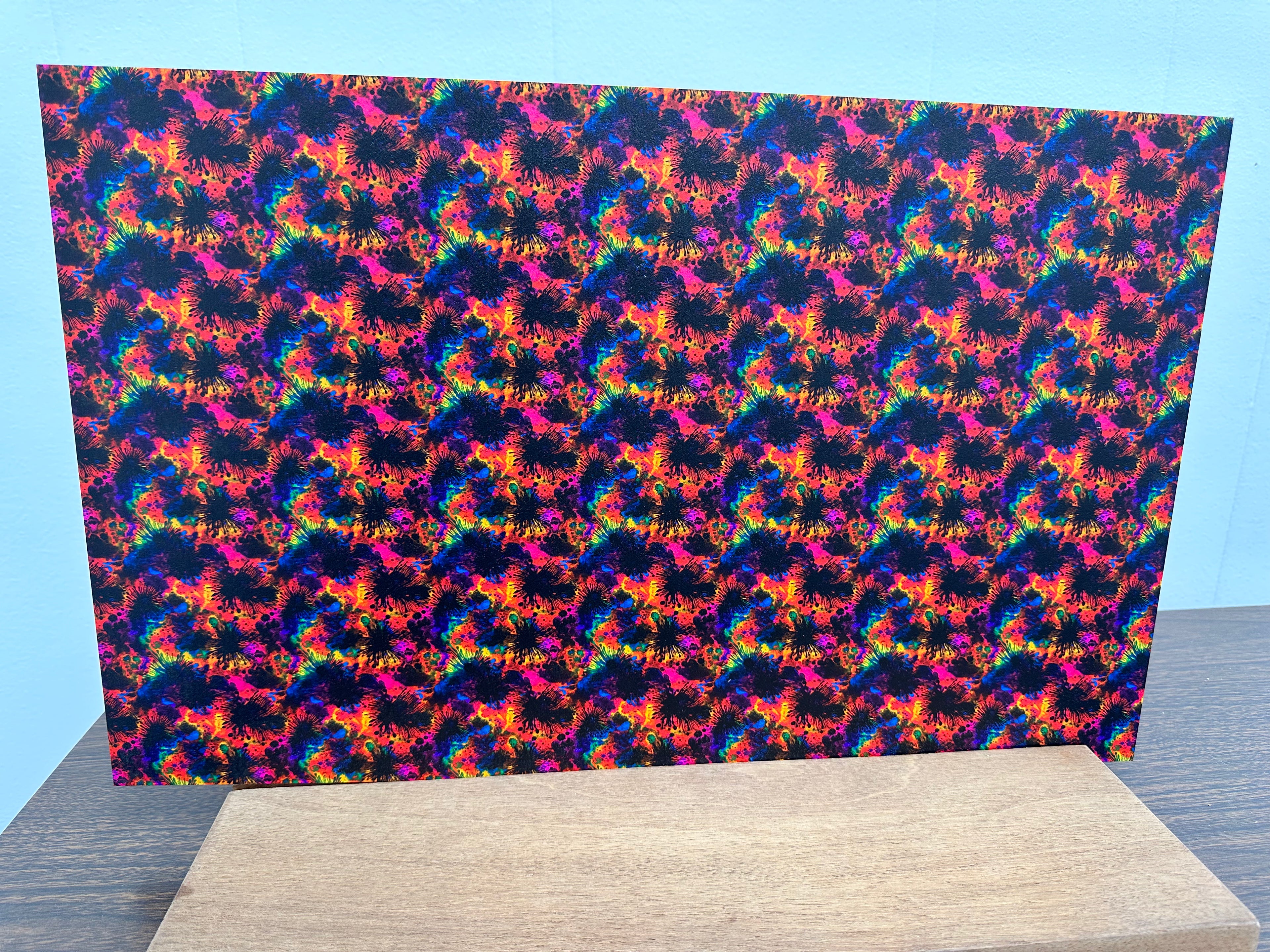 PatternPly® Full Coverage Black Splat Tie Dye sheet showing the pattern