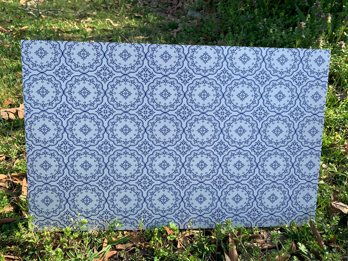 PatternPly® Full Coverage Blue China Circles sheet showing the pattern