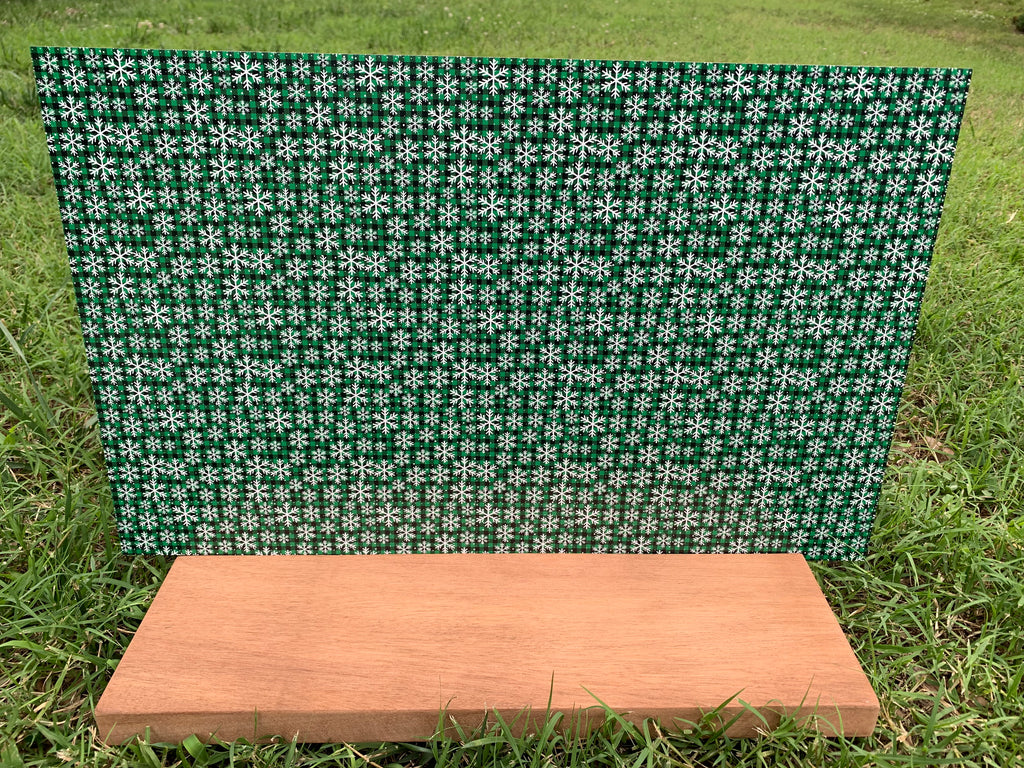 PatternPly® Full Coverage Mini Green Snowflake Buffalo Plaid sheet showing the pattern