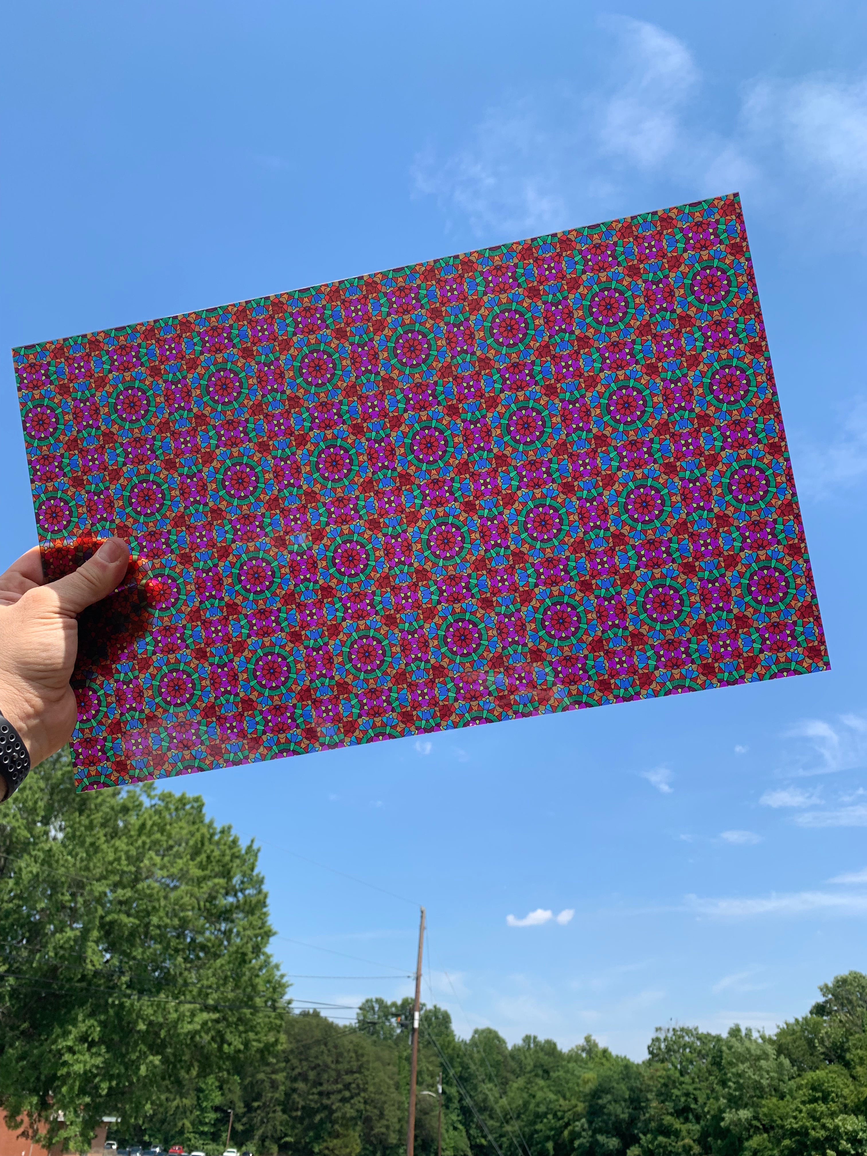 PatternPly® Transparent Pink and Red Stained Glass sheet showing the pattern