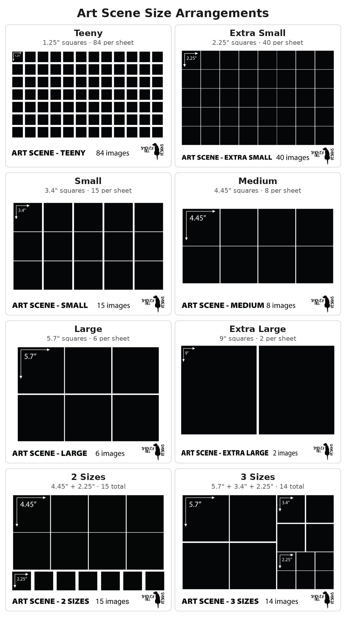 Art scene size arrangements: Teeny 1.25 inch (84), Extra Small 2.25 inch (40), Small 3.4 inch (15), Medium 4.45 inch (8), Large 5.7 inch (6), Extra Large 9 inch (2), 2 Sizes (15 total), 3 Sizes (14 total)